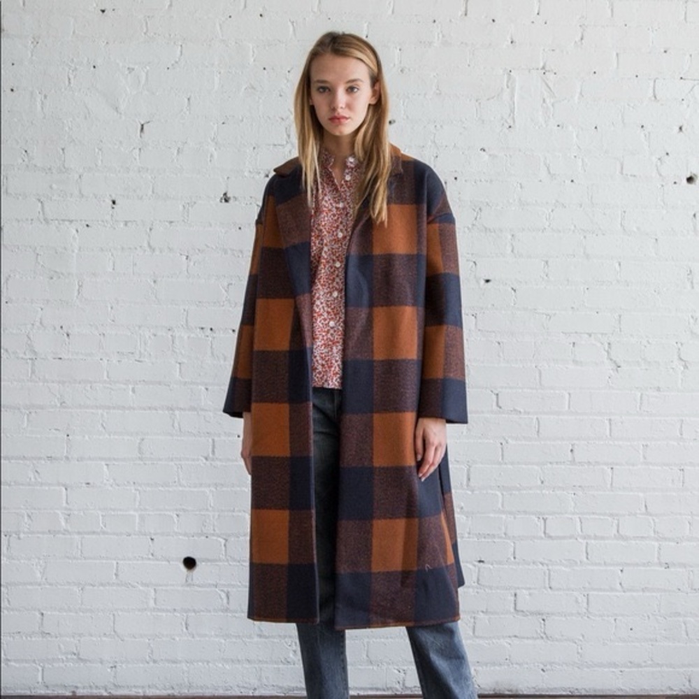 No. 6 Ingrid Wrap Coat in Brown and Navy Plaid
